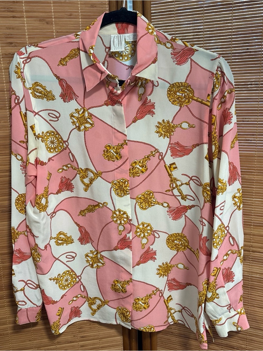 Chain-Print Long-Sleeve Blouse in Pink and Cream